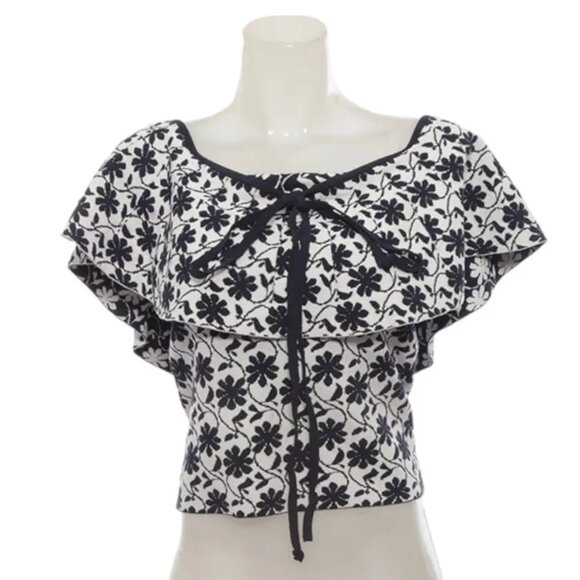 Club Monaco White & Navy Rowlen Blue Floral‎ Off Shoulder Knit Women's Top Small - Picture 11 of 14